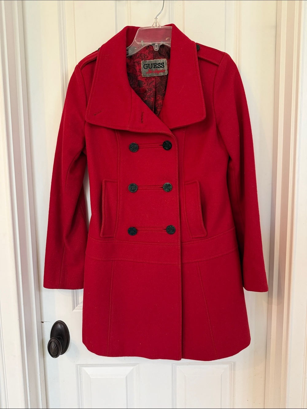 GUESS Red Double-Breasted Pea Coat